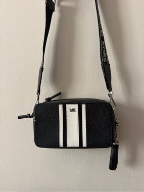 Michael Kors Black and White Pebbled Leather Crossbody Camera Bag